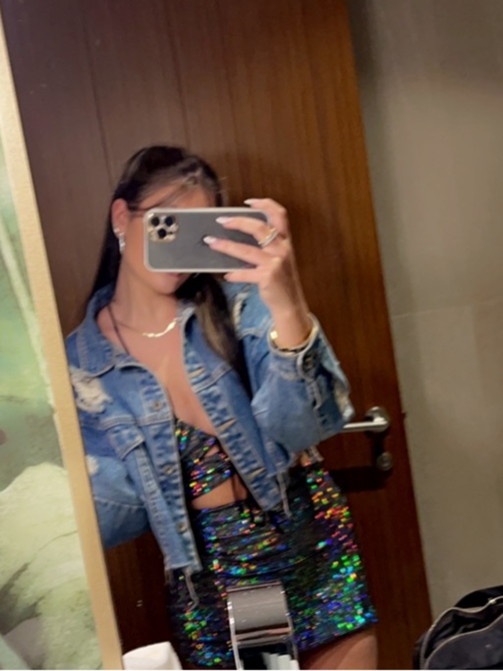 Sequin Mini Dress with Denim Jacket - Iridescent Green/Blue